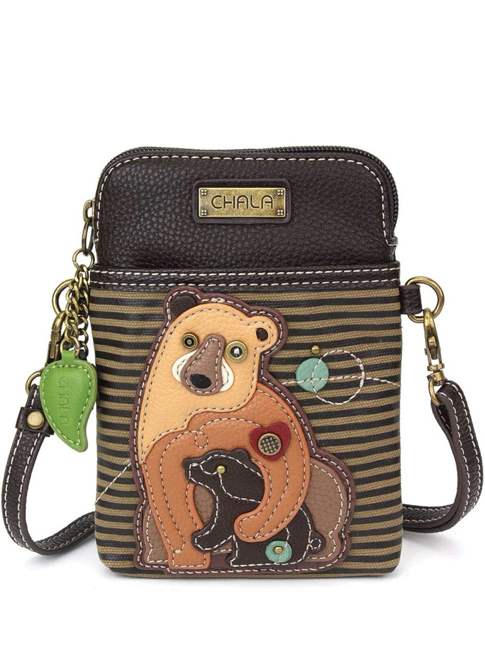 Chala Brown Striped 2 Bears Appliqué Crossbody Cell Phone Bag with Green Charm